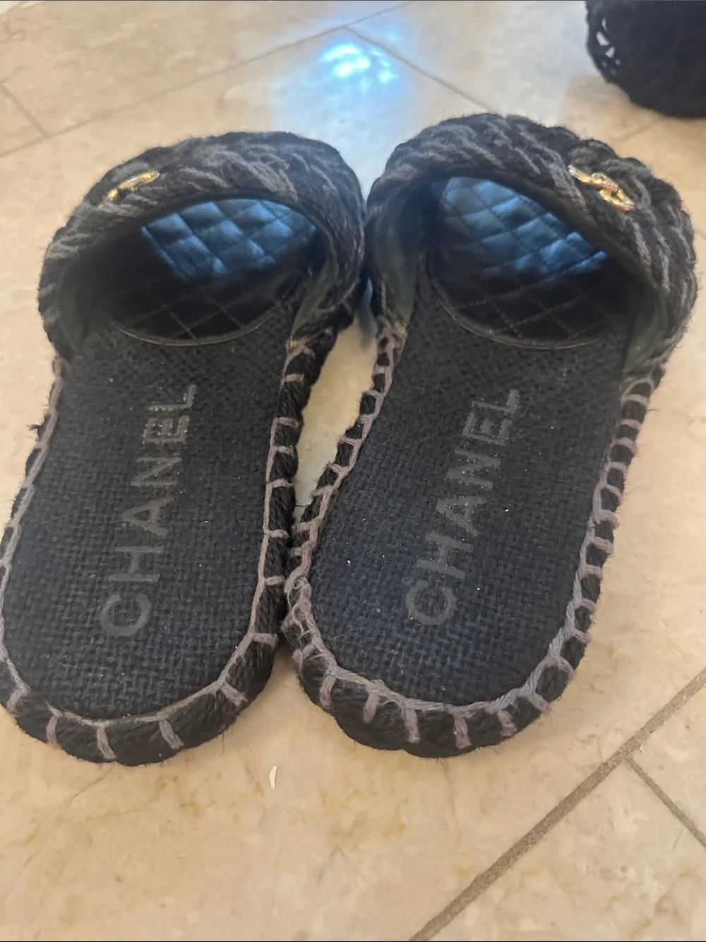 CHANEL Black Braided Slide Sandals with Gold CC Emblem